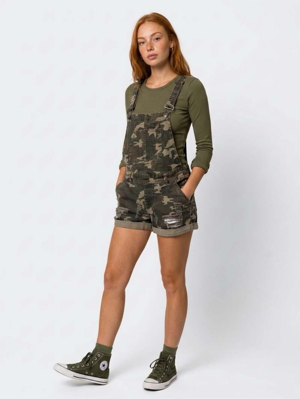 Almost Famous Women's Distressed Camouflage Denim Shortalls SZ 3